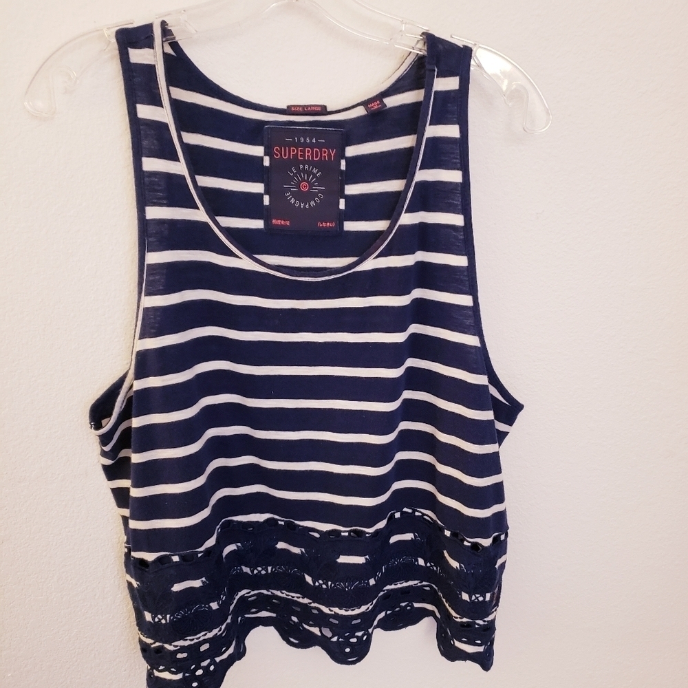 Superdry Navy/White Boxy Relaxed Fit Tank with Lace Trimmed Hem Size L EUC